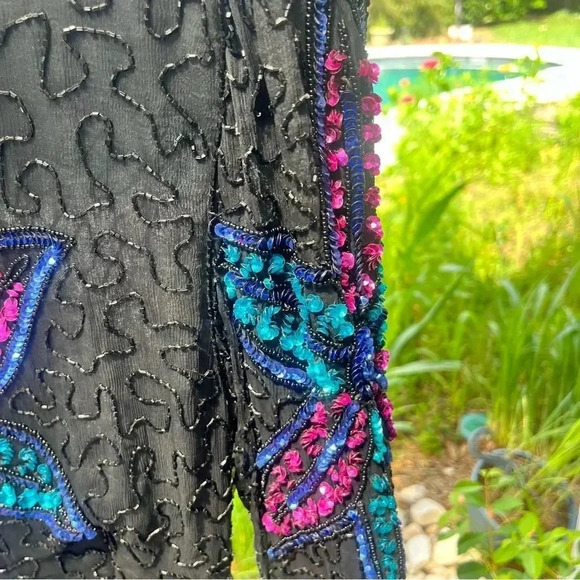 VINTAGE SILK CARINA SEQUIN Black Long Sleeve Shift Dress Beaded M - Picture 10 of 14